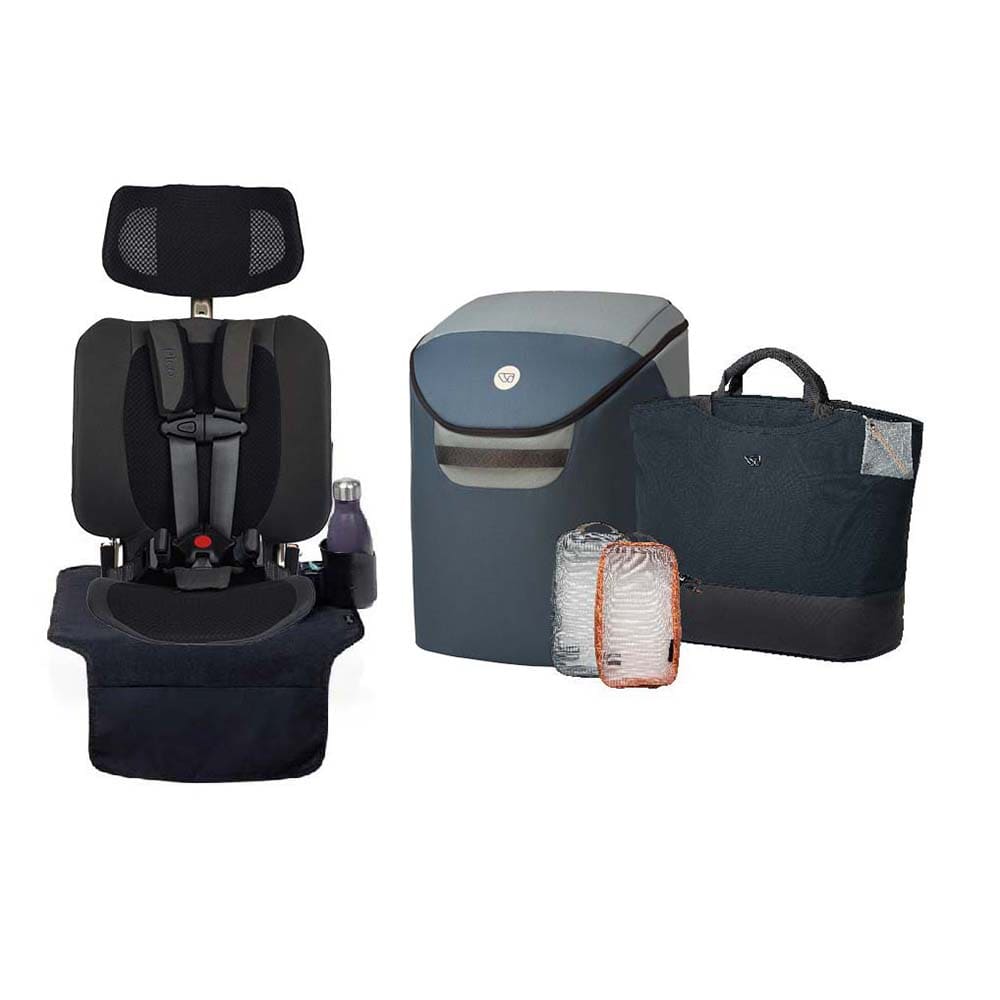A baby car seat with a matching dark footprint cover and bottle holder, shown alongside a gray and blue diaper pail, a small silver water bottle, and a dark tote bag on a plain white background.