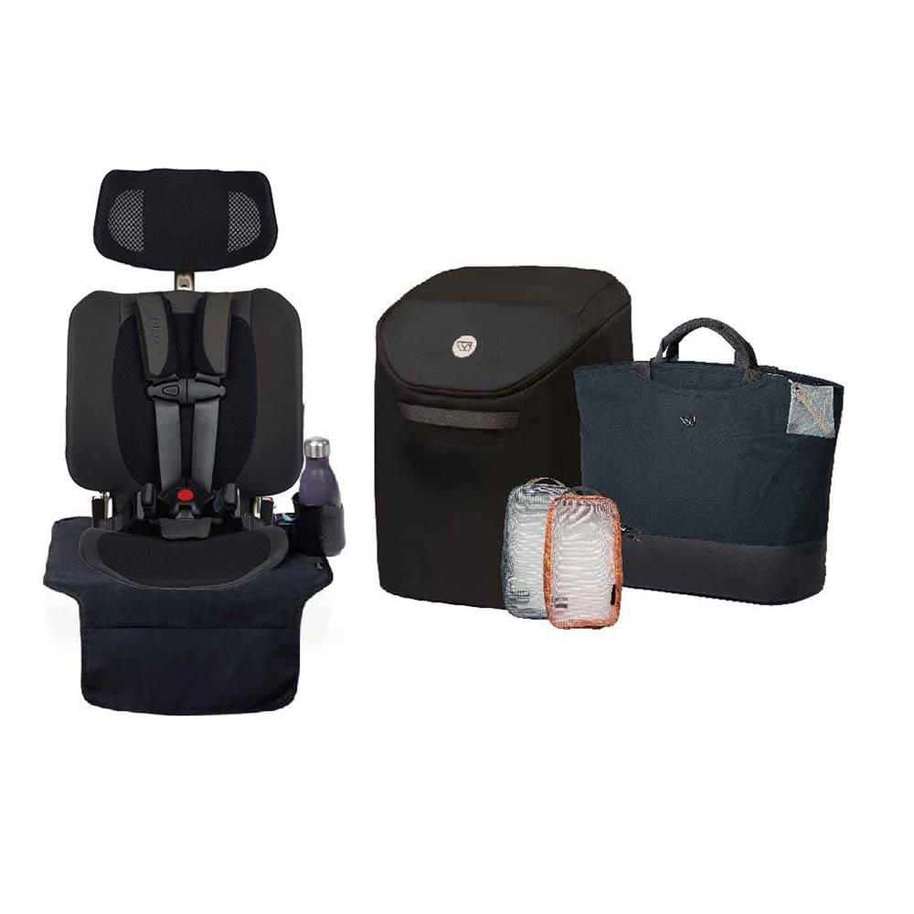 A baby car seat with a matching dark footprint pad and bottle holder, shown alongside a black soft-sided storage bag, a dark blue tote bag, and a small insulated pouch on a plain white background.