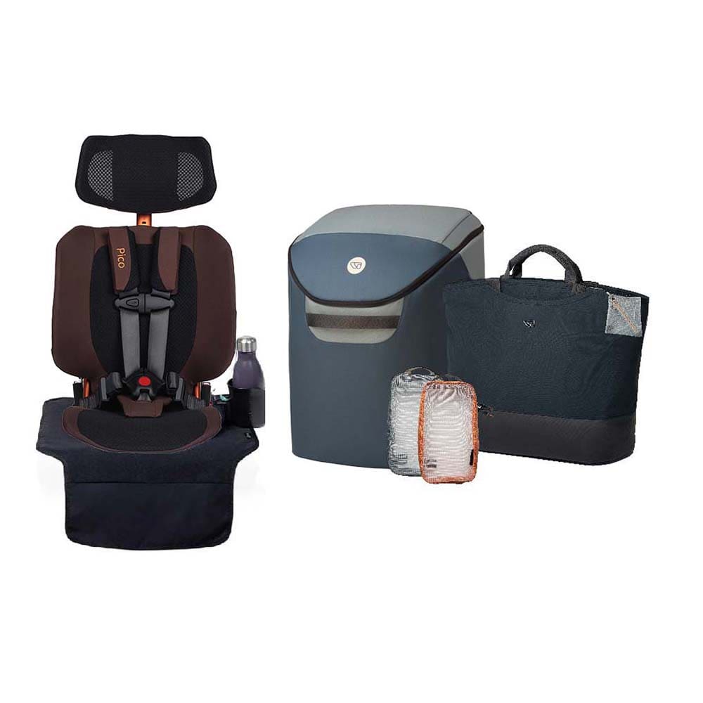A baby travel bundle featuring a brown and black infant car seat, a gray and black diaper bag, a black tote bag, and a small insulated bottle, all arranged on a plain white background.