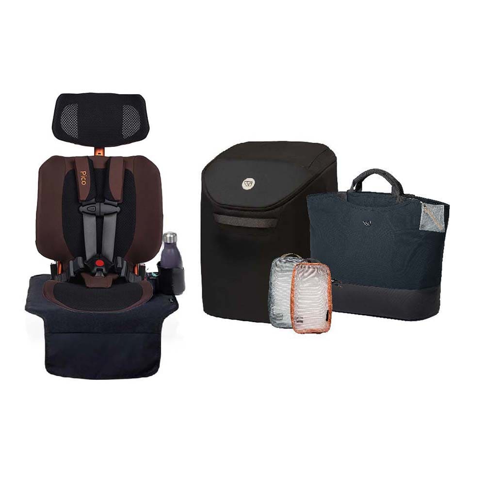 A baby travel bundle featuring a brown and black Oxo child car seat, a black diaper bag, a navy tote bag, a silver insulated bag, and a small orange pouch, all arranged on a plain white background.