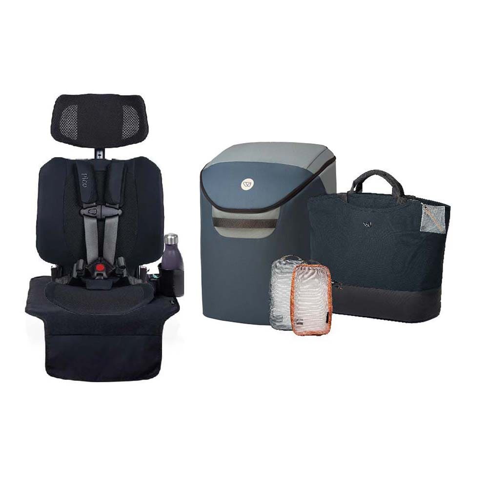 A car seat travel system set on a white background, including a black car seat with headrest and harness, a gray and black diaper pail, a black tote bag, a small clear plastic bag, and a small orange-lined pouch.
