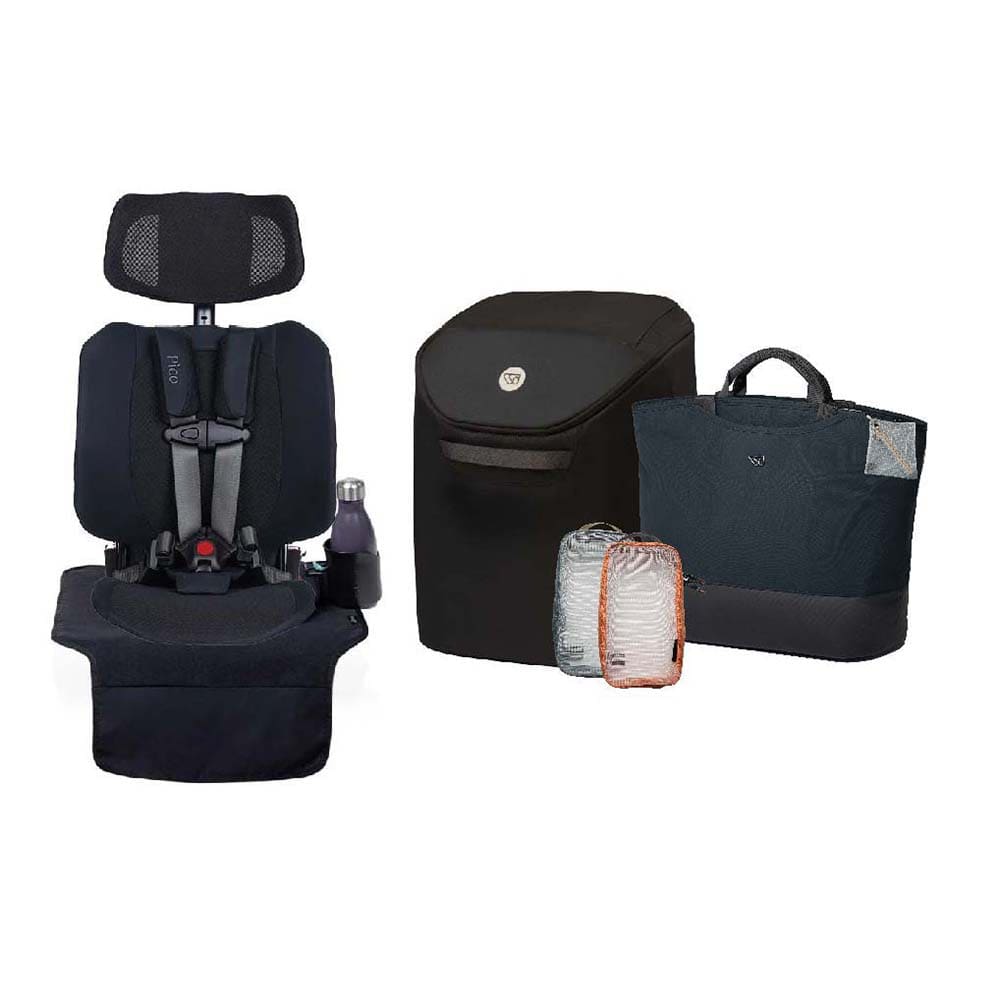 A baby travel setup set on a white background, featuring a black infant car seat with a bottle holder, a black diaper bag, a dark blue tote bag, a silver zippered pouch, and an orange-brown washable pouch.