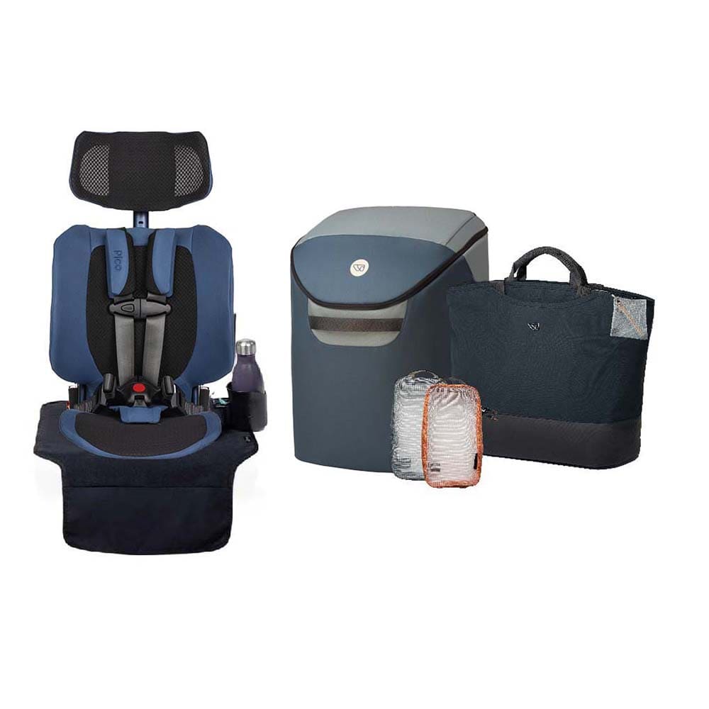 A baby travel setup featuring a blue and black infant car seat with a bottle holder, a gray and blue diaper bag, a silver insulated bag, and a black tote bag on a white background.
