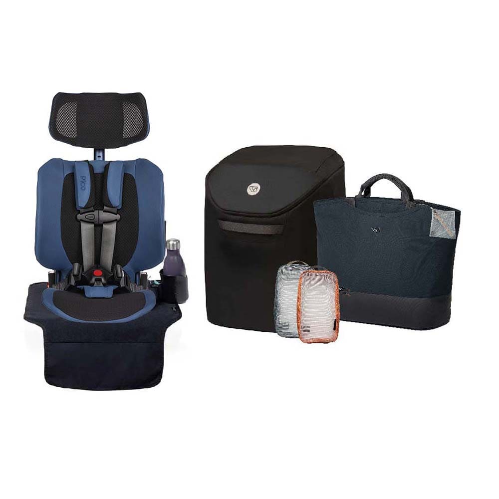 A baby travel bundle featuring a blue and black infant car seat with a bottle holder, a black insulated bag, a dark blue tote bag, and a small silver pouch with an orange zipper pull, all displayed on a clean white background.