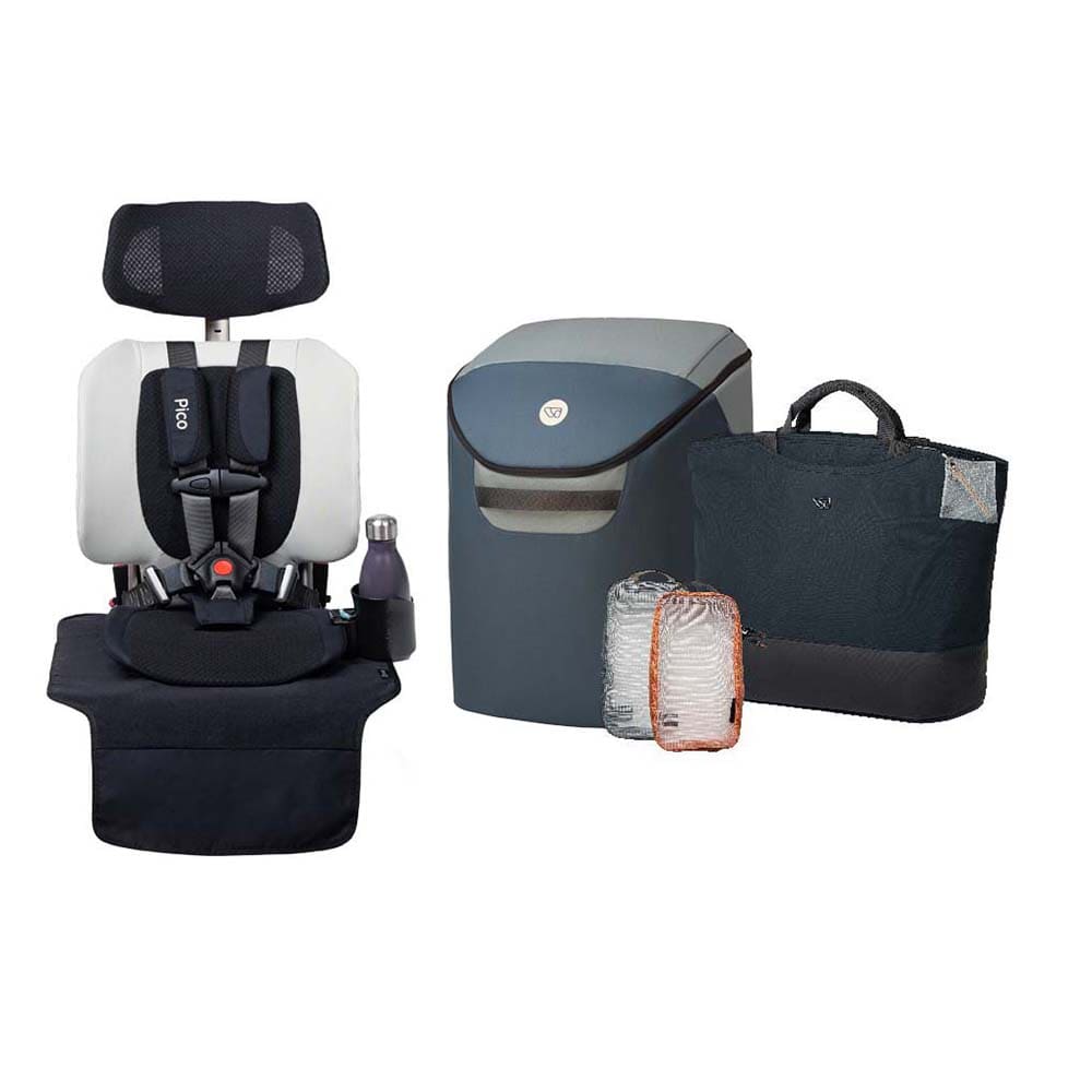 A baby car seat with a black seat cover and headrest, shown alongside a gray and blue diaper pail, a black tote bag, and a small insulated bottle on a plain white background.