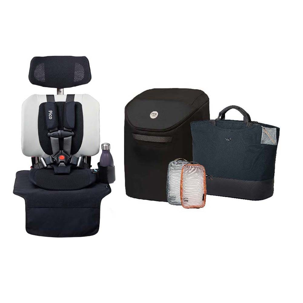 A baby car seat travel system set on a white background, including a black and white infant car seat with a black headrest and footrest, a black soft-sided storage bag, a black tote bag, and a small silver insulated pouch with a peach-colored zipper.