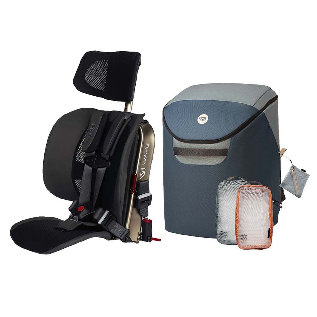 A baby travel system set on a white background, featuring a black and gray infant car seat with a headrest, a blue-gray diaper bag, and two mesh storage pouches.