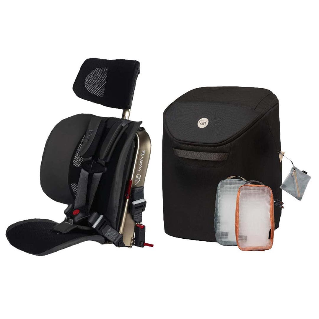 A black infant car seat with an attached headrest and harness, shown next to a matching black diaper bag and two small storage pouches on a plain white background.