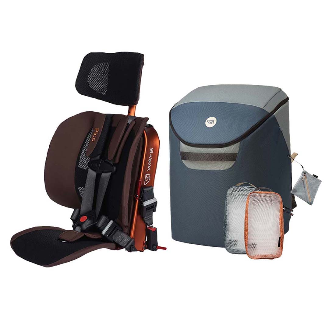 A WAYB brand car seat and matching backpack set shown on a white background, including the car seat with headrest, a gray and blue backpack, and a small mesh storage pouch.