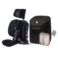A black and navy backpacking car seat with a headrest and harness, shown next to a matching black backpack and two small storage pouches on a white background.