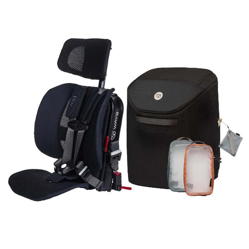A black and navy backpacking car seat with a headrest and harness, shown next to a matching black backpack and two small storage pouches on a white background.
