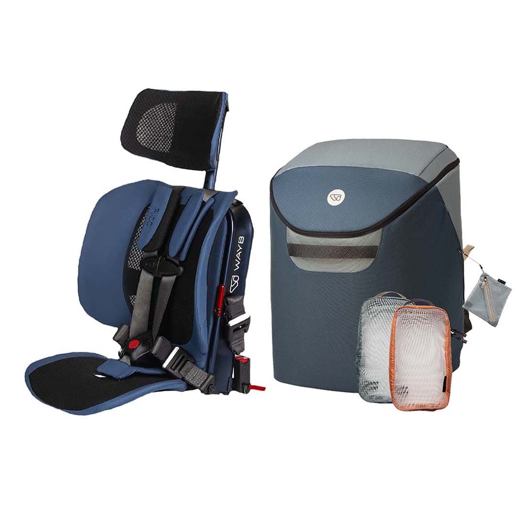 A WAYB brand baby car seat shown next to a matching black storage bag and two small organizer pouches, all photographed on a clean white background.