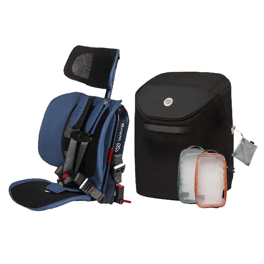 A WAYB brand baby car seat shown next to a matching black storage bag and two small organizer pouches, all photographed on a clean white background.
