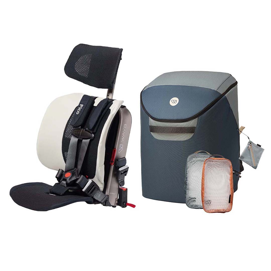 A WAYB brand baby car seat shown next to a matching black storage bag and two small organizer pouches, all photographed on a clean white background.