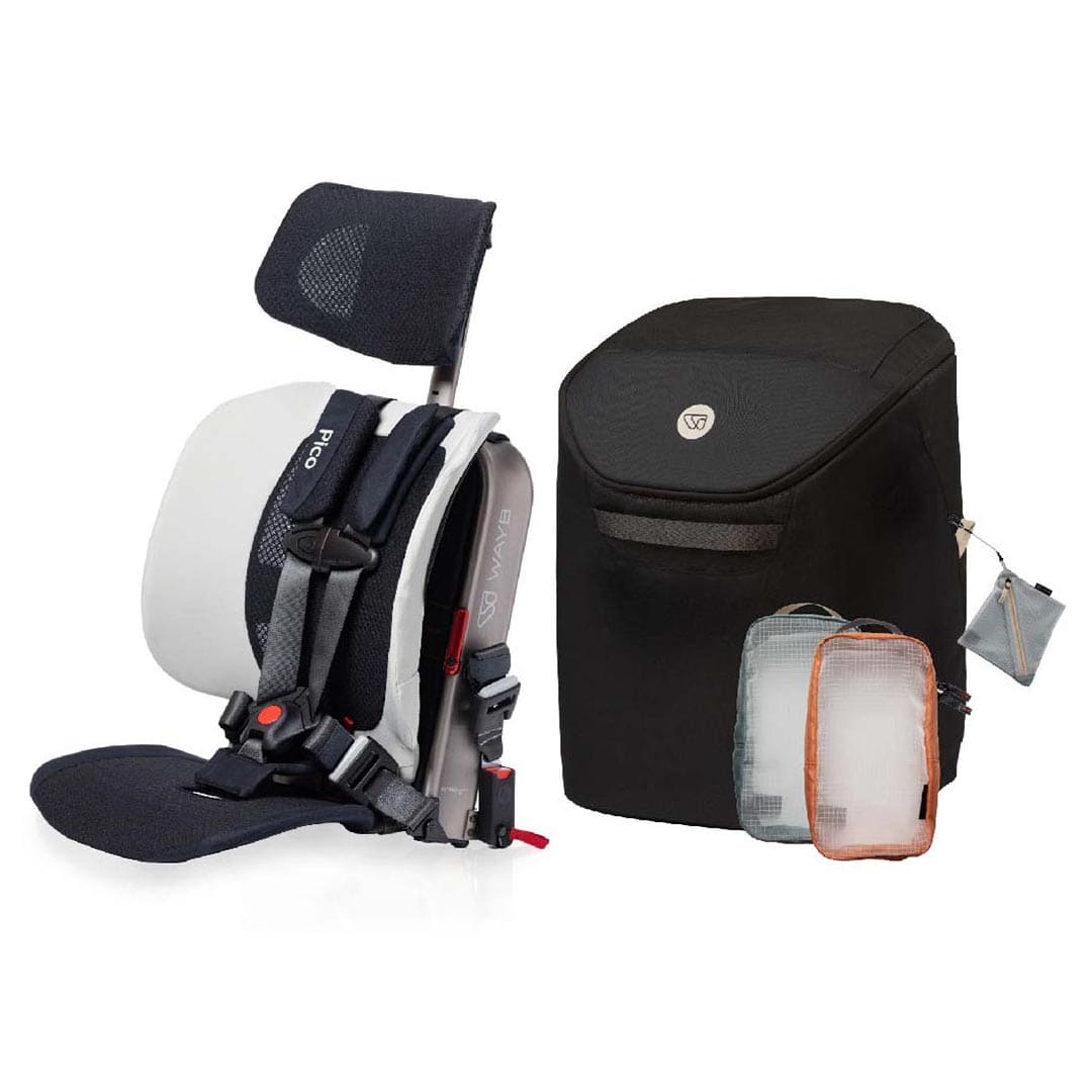A WAYB brand baby car seat shown next to a matching black storage bag and two small organizer pouches, all photographed on a clean white background.
