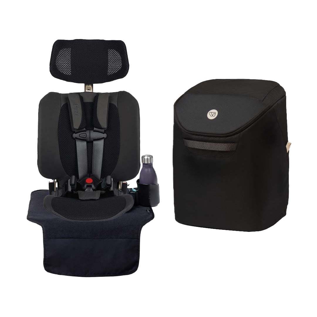 A WAYB car seat with a dark brown and black seat cover, shown next to its matching black storage bag on a plain white background.