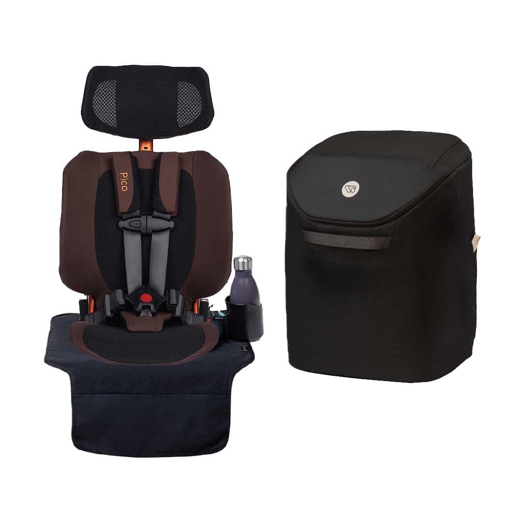 A WAYB car seat with a dark brown and black seat cover, shown next to its matching black storage bag on a plain white background.