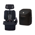 A black baby car seat accessory set shown on a white background, including a padded headrest, a seat cover with integrated cup holder and bottle holder, and a matching storage bag.