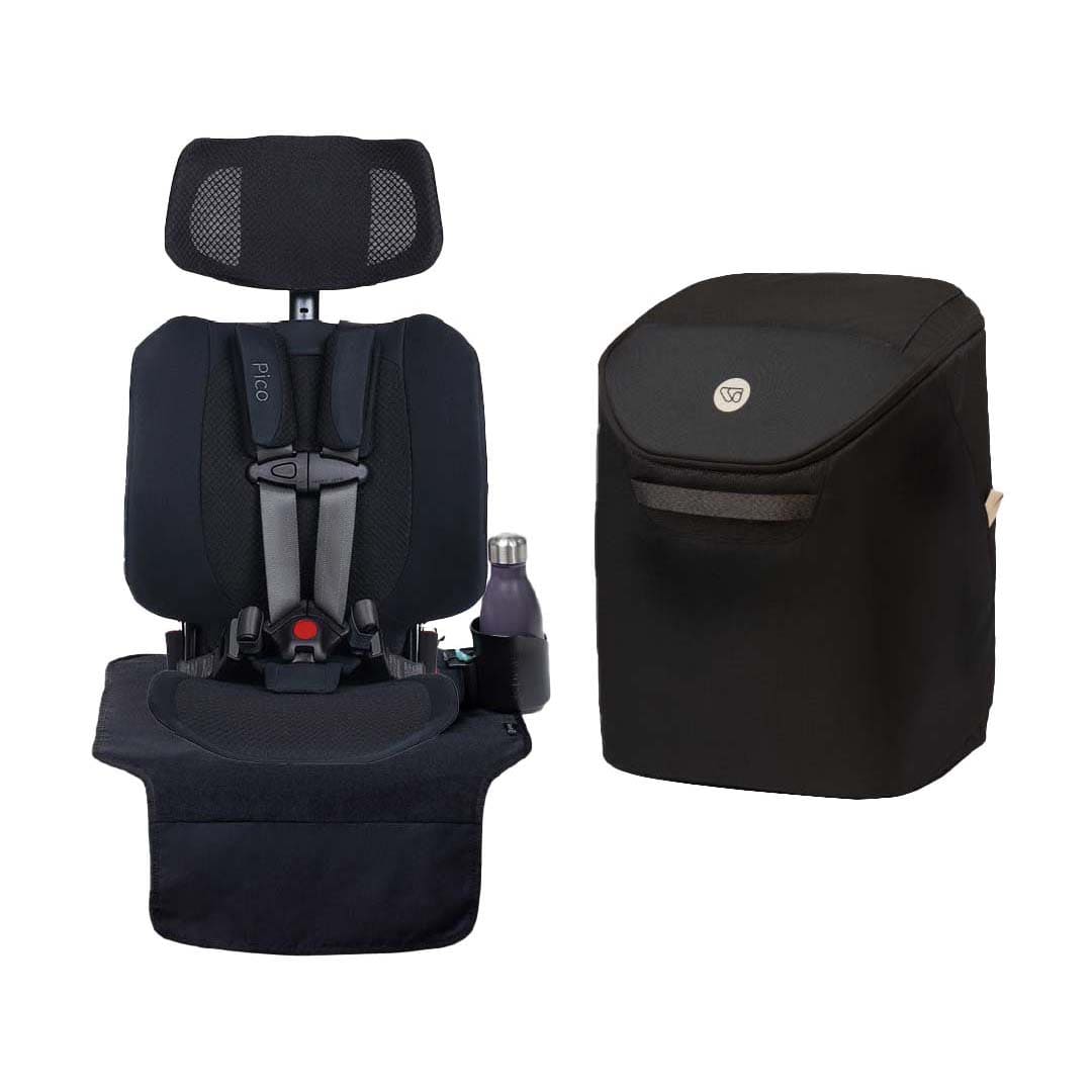 A black baby car seat accessory set shown on a white background, including a padded headrest, a seat cover with integrated cup holder and bottle holder, and a matching storage bag.