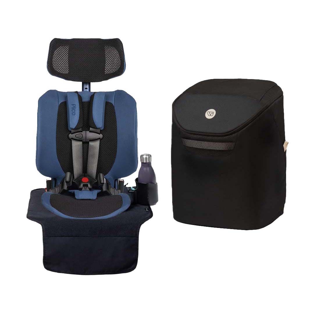 A blue and black child car seat with a matching black cup holder insert and a separate black storage bag, shown on a plain white background.