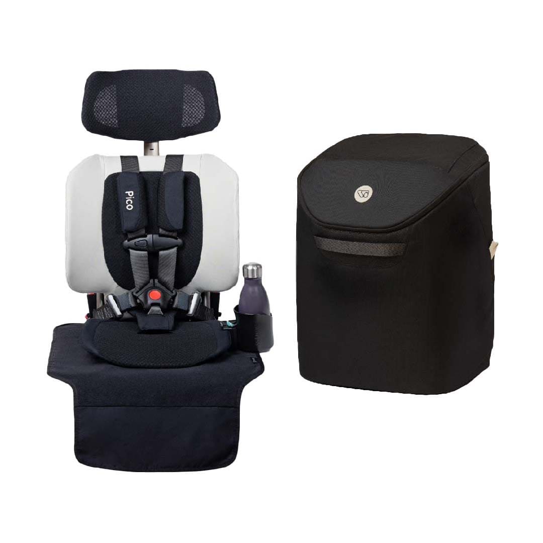 A black and white baby car seat shown next to its matching black storage bag on a plain white background. The car seat has a headrest, harness straps, and a side bottle holder with a water bottle inserted.