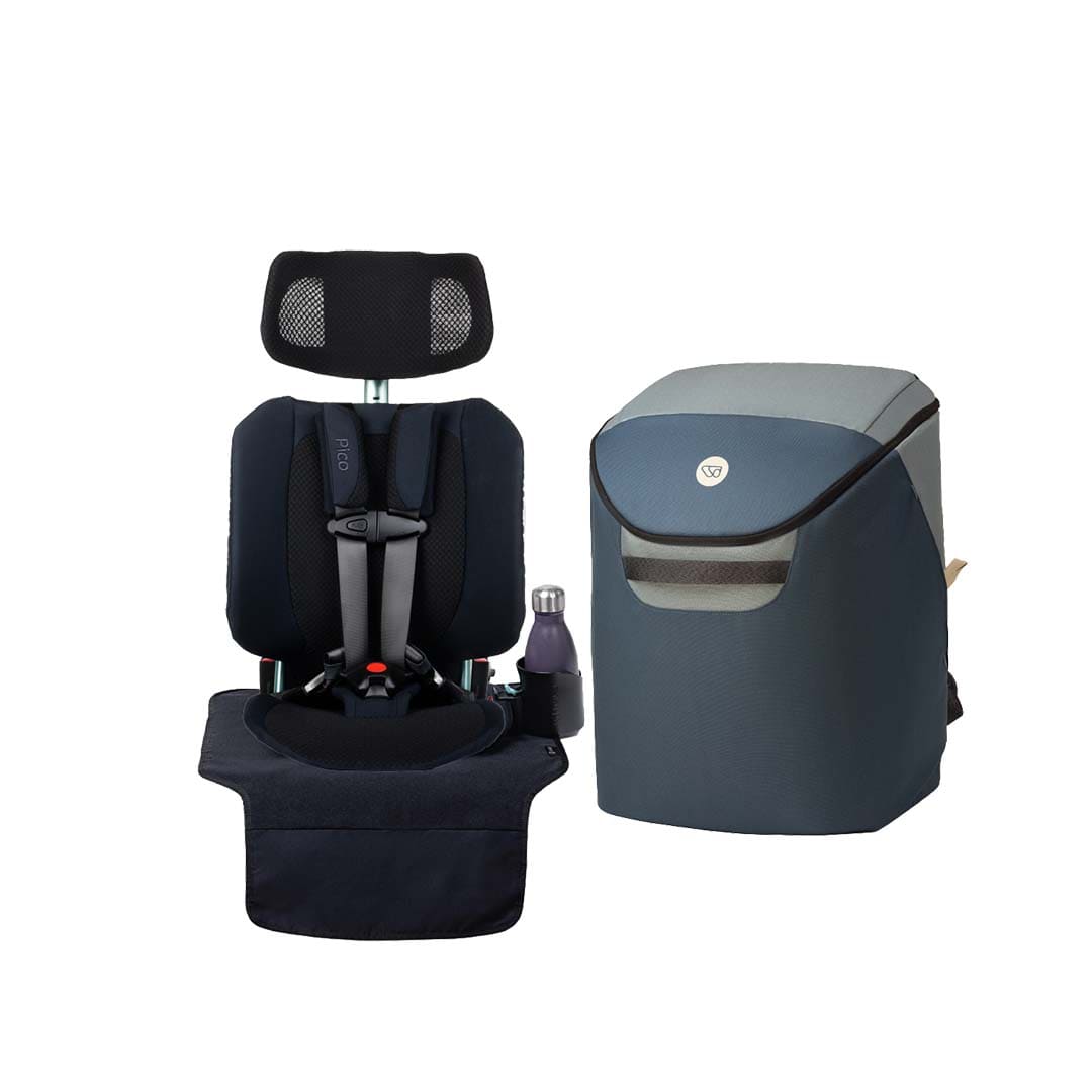 Black car seat and gray bag on a white background