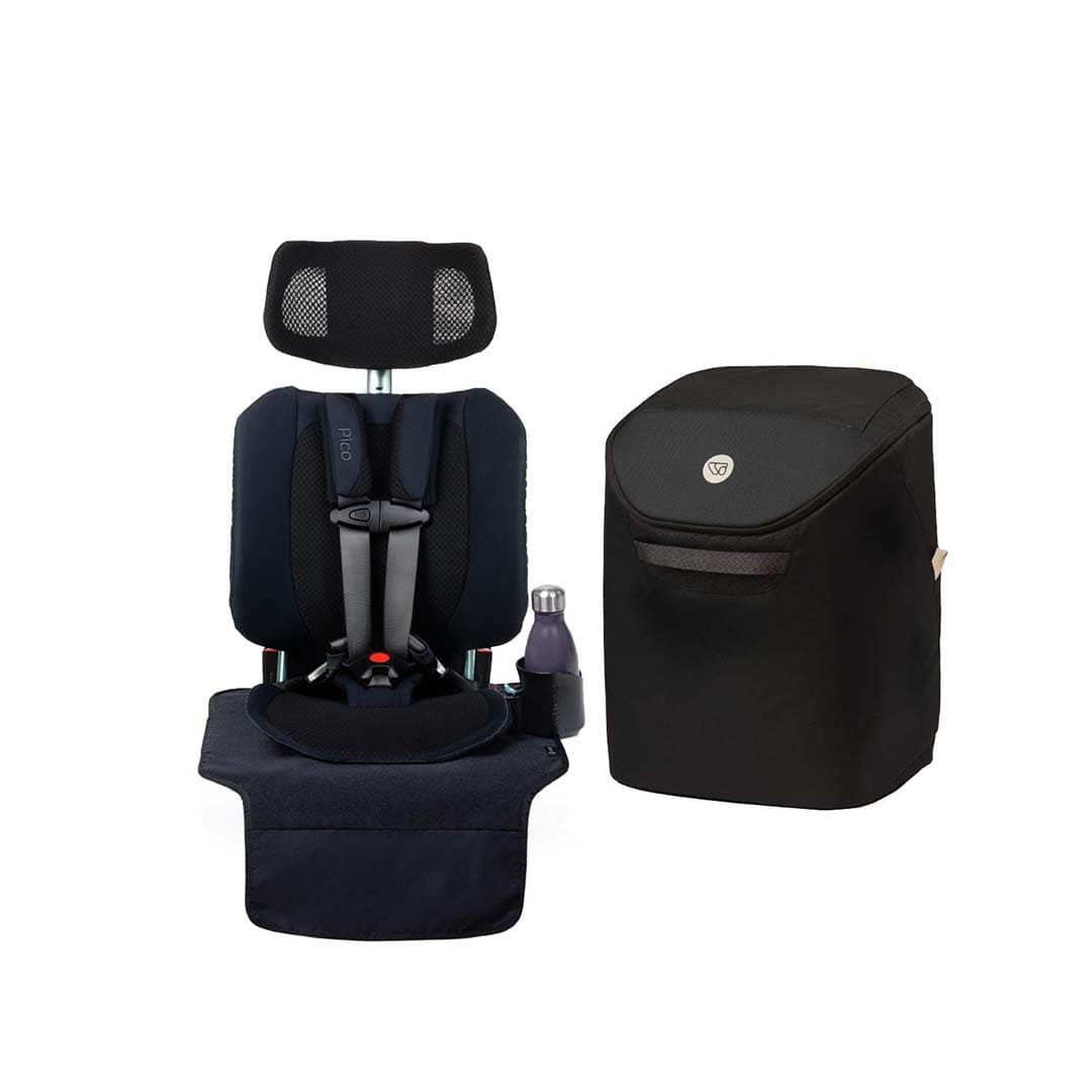 Black car seat with headrest and storage bag on a white background