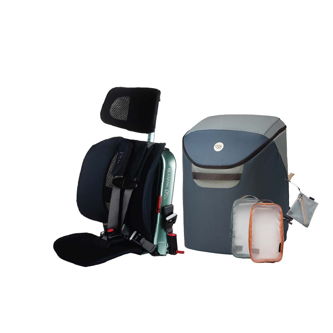Child safety seat and travel bag on a white background