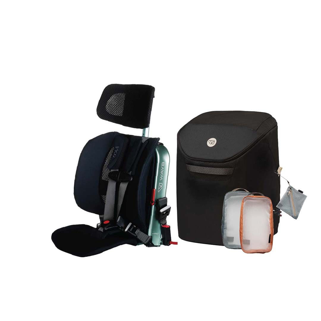 Child seat, backpack, and small pouches on a white background