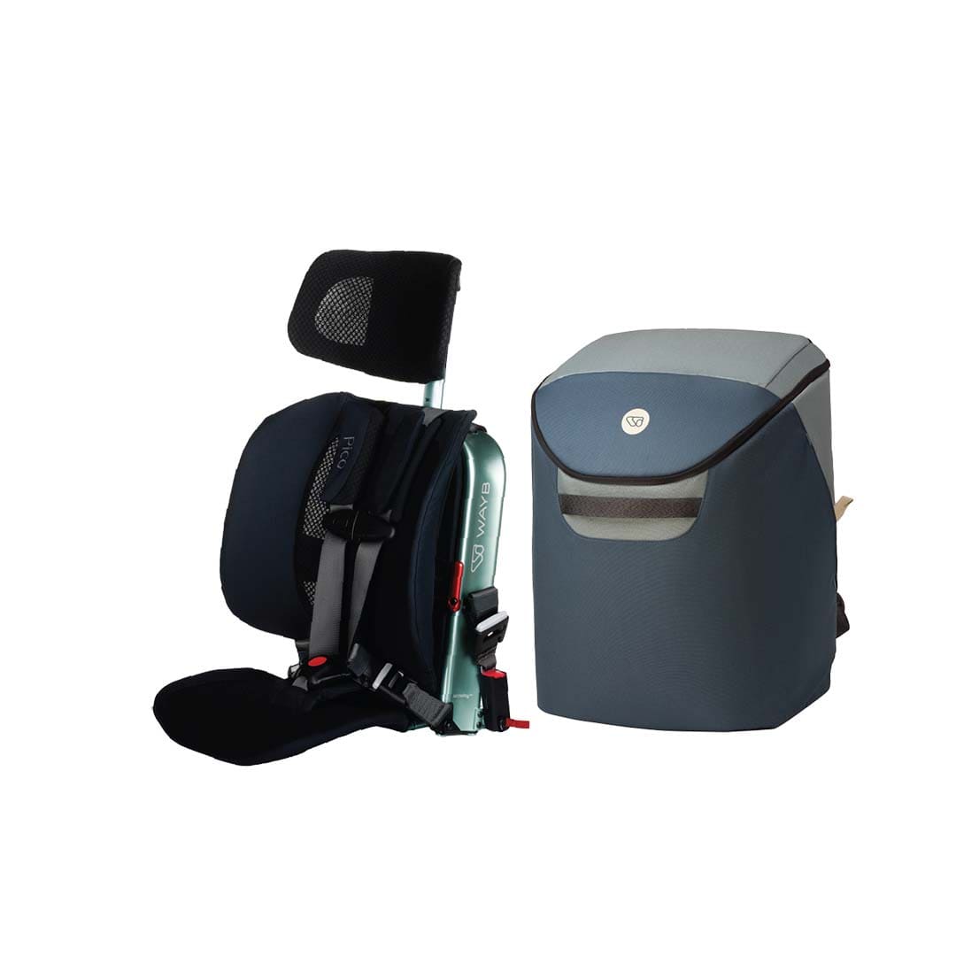 Child car seat and backpack on a white background