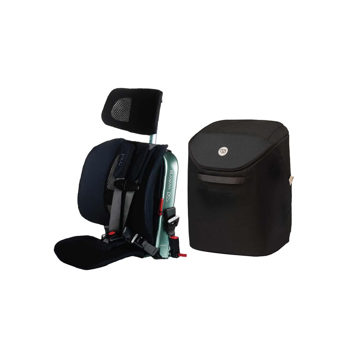 Black car seat and storage bag on a white background
