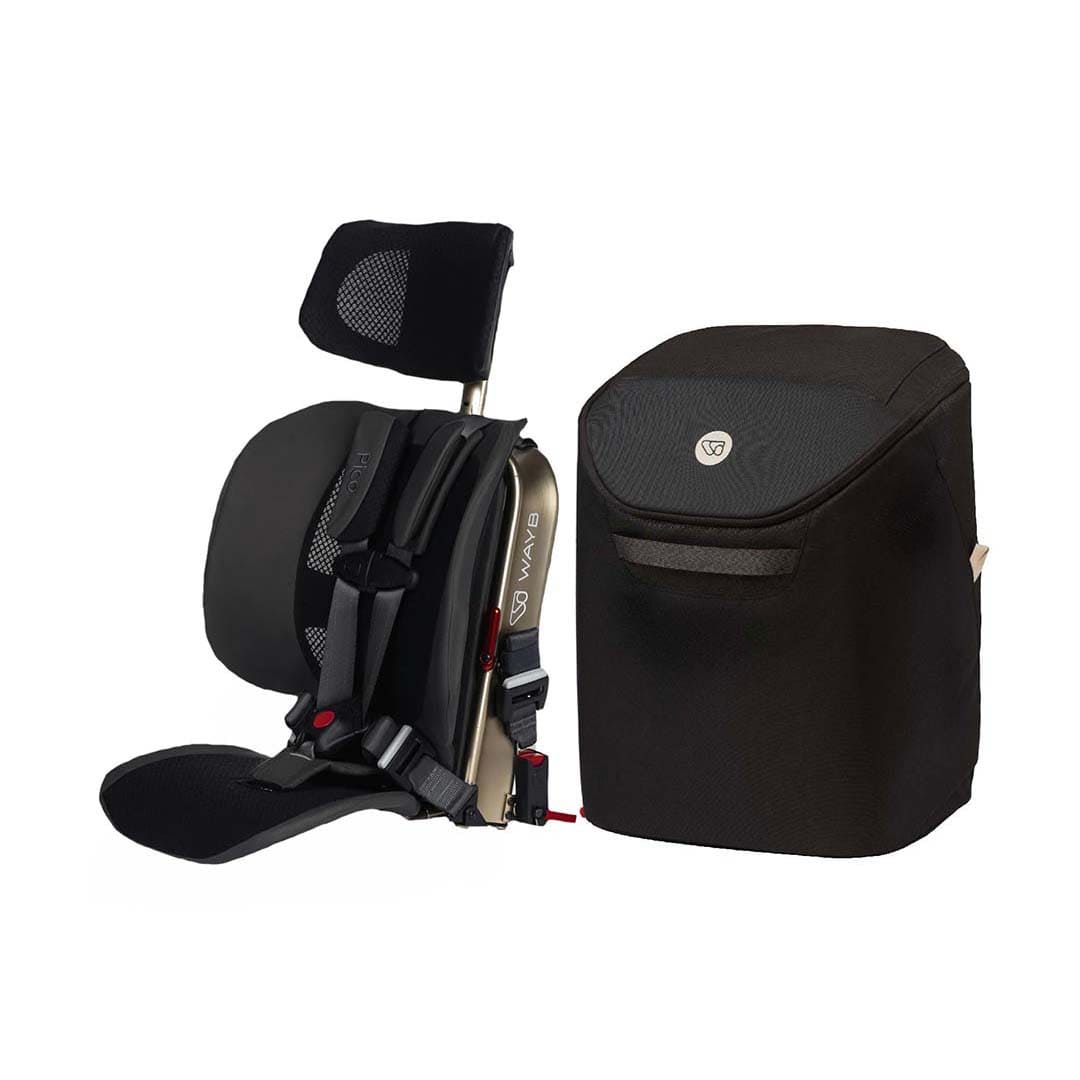 A black infant car seat with a matching black storage bag, shown on a clean white background. The car seat features a padded headrest, adjustable harness straps, and a visible 'Nuna' brand logo on the side frame.