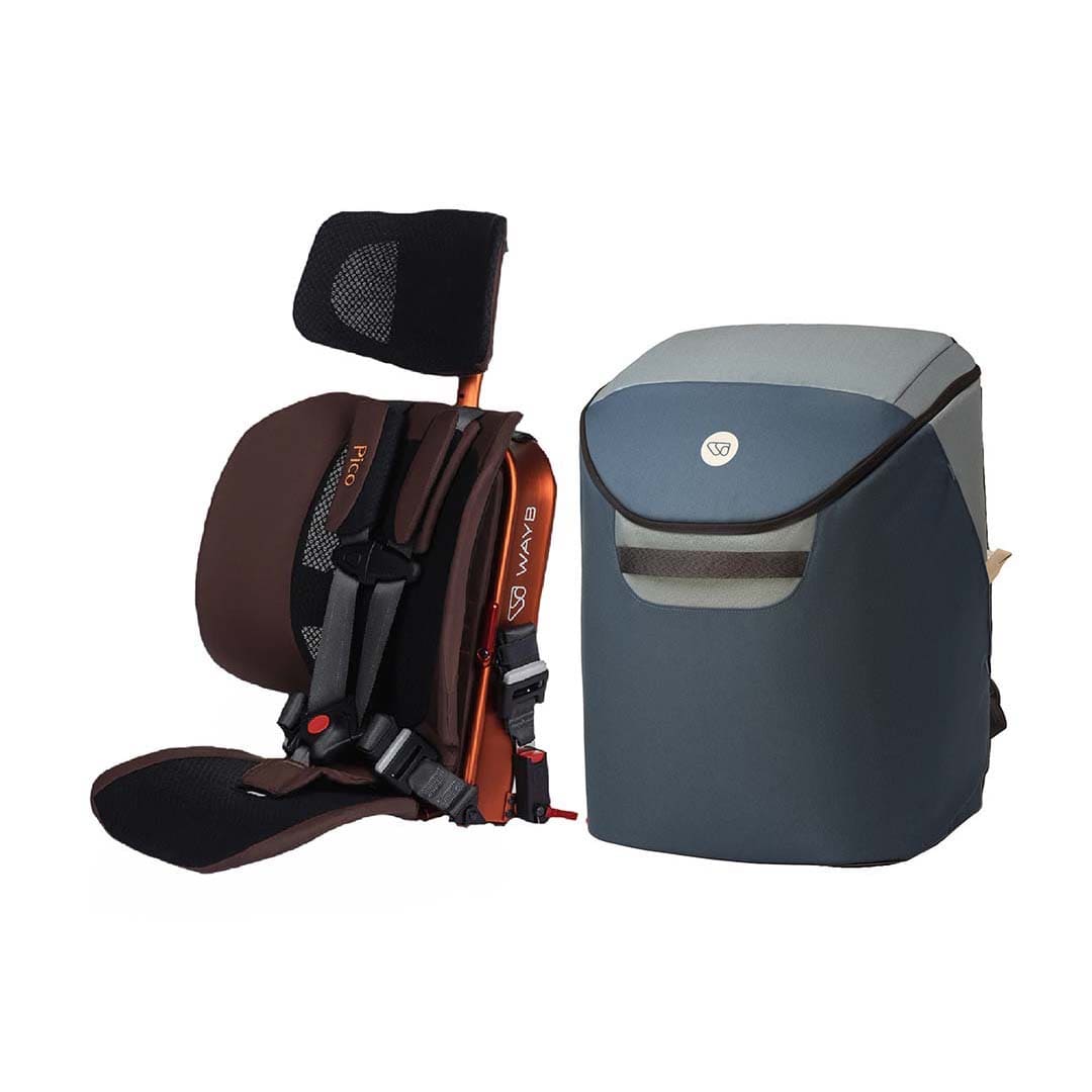 A baby car seat in brown and black shown next to its matching dark blue and gray storage bag on a plain white background.
