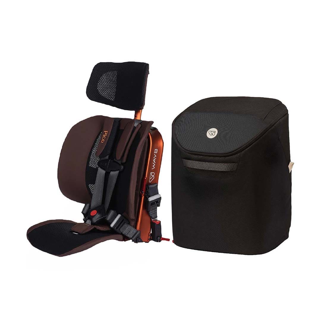 A Wayb car seat with a black headrest and harness, shown next to its black protective cover on a plain white background.