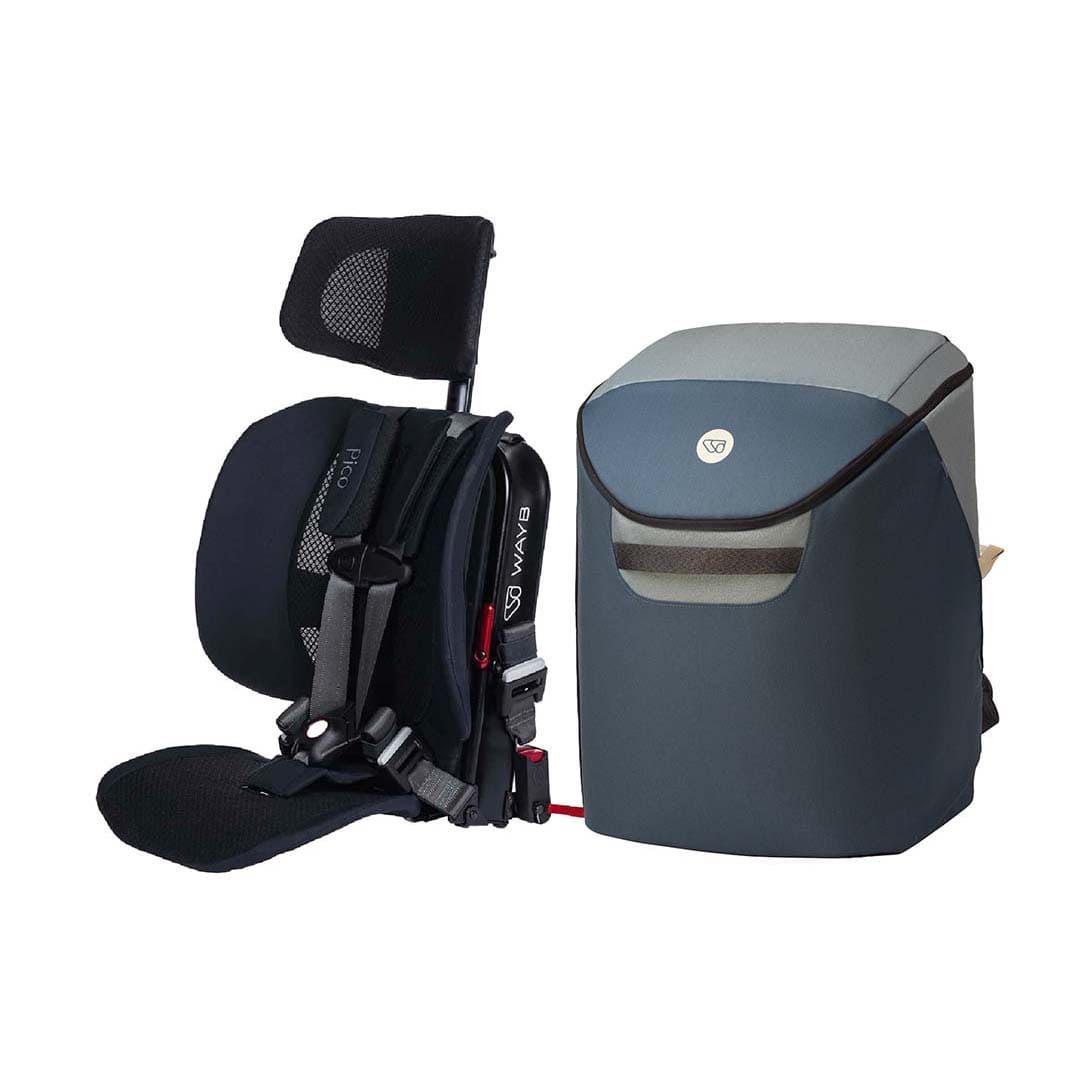 A black and gray car seat booster seat with harness straps shown next to a matching dark gray and light gray storage bag on a white background.