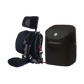 A black car seat travel system accessory set on a white background, featuring a child car seat with an attached headrest and harness next to a matching soft storage bag.