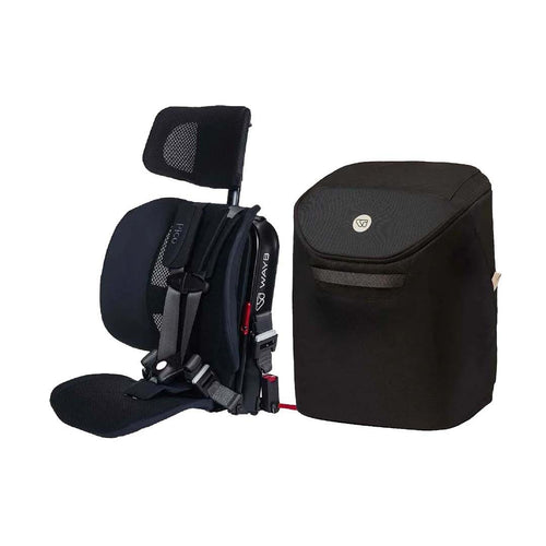 A black car seat travel system accessory set on a white background, featuring a child car seat with an attached headrest and harness next to a matching soft storage bag.
