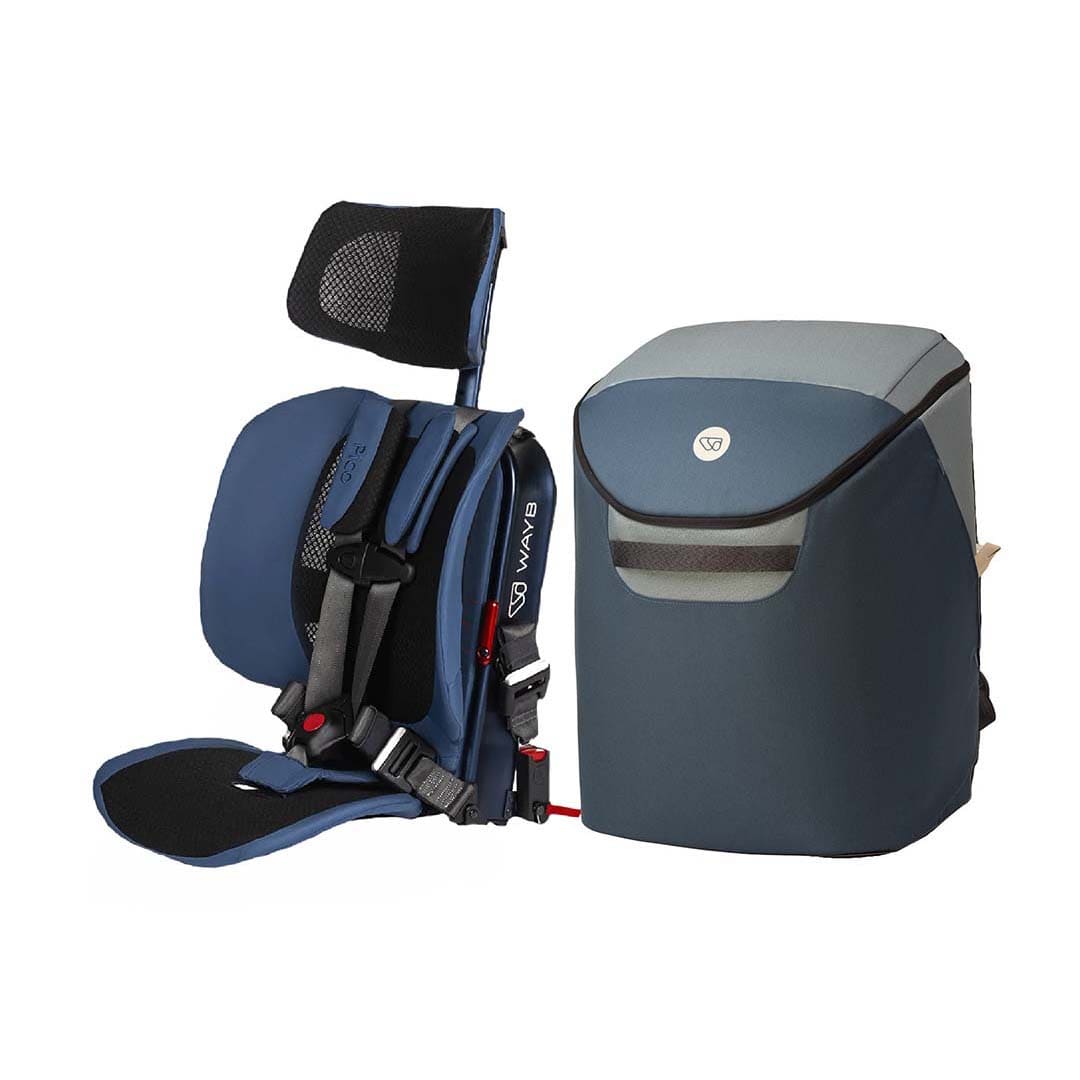A blue and black WAYB brand car seat booster seat shown next to its matching dark blue and gray storage bag on a plain white background.