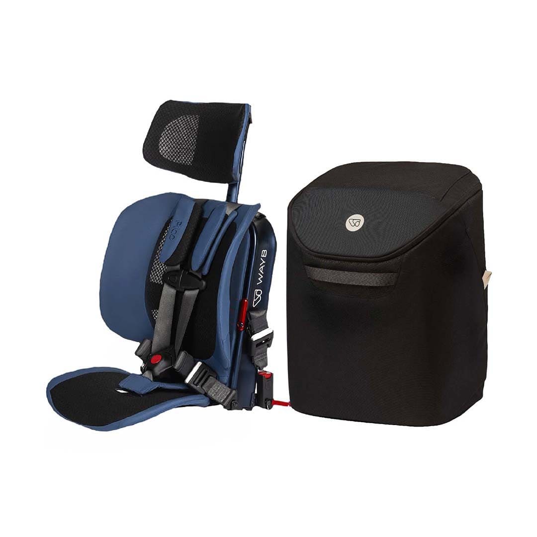 A blue and black WAYB brand car seat with an attached headrest and harness, shown next to a matching black car seat bag on a plain white background.