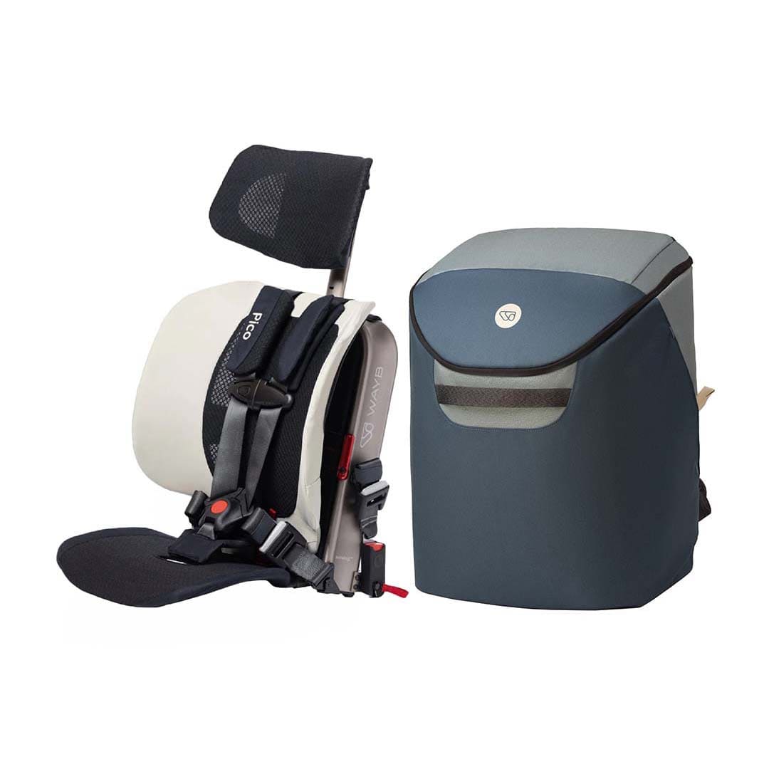 A Pico car seat with an attached headrest and harness, shown next to its matching dark blue and gray storage bag on a plain white background.