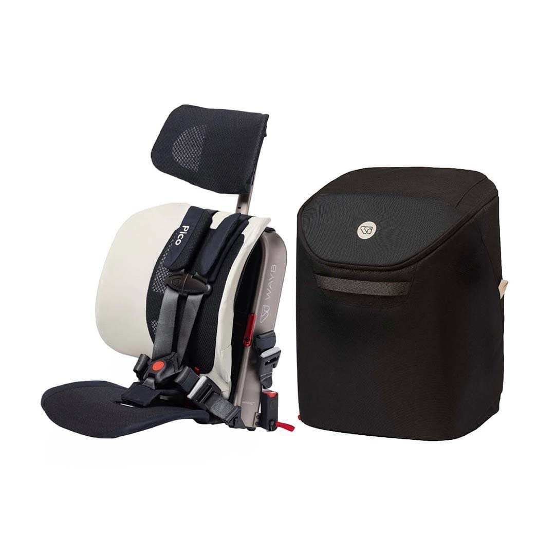 A PICO child car seat shown with its matching black storage bag on a plain white background. The car seat features a white shell, black mesh padding, and black straps, with a black headrest and footrest.