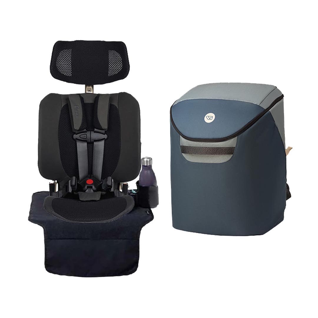 A baby travel system set featuring a black infant car seat with a built-in bottle holder and a matching dark blue-gray and gray diaper bag, shown on a plain white background.
