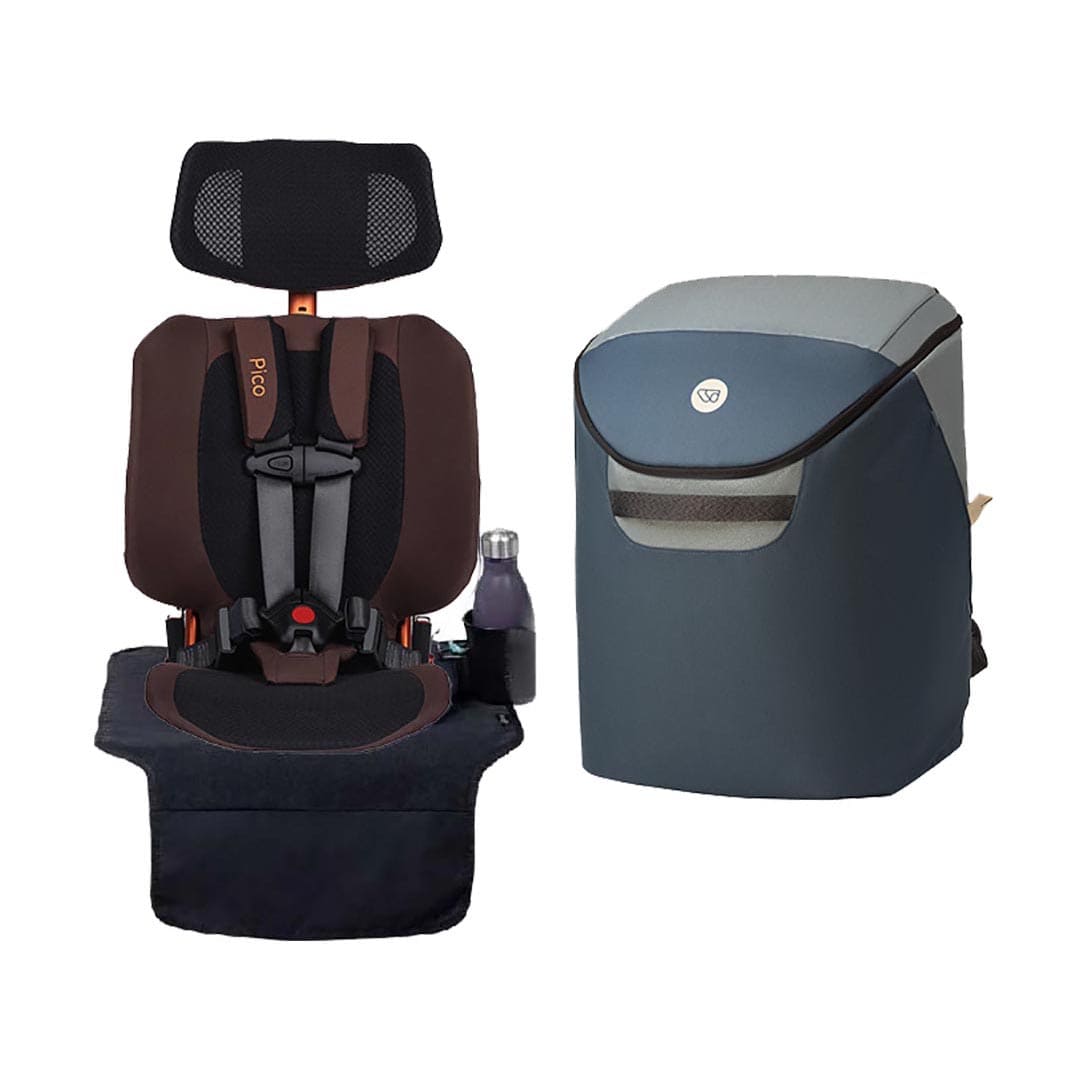 A Pico car seat in brown and black shown next to its matching dark blue-gray backpack organizer on a plain white background.