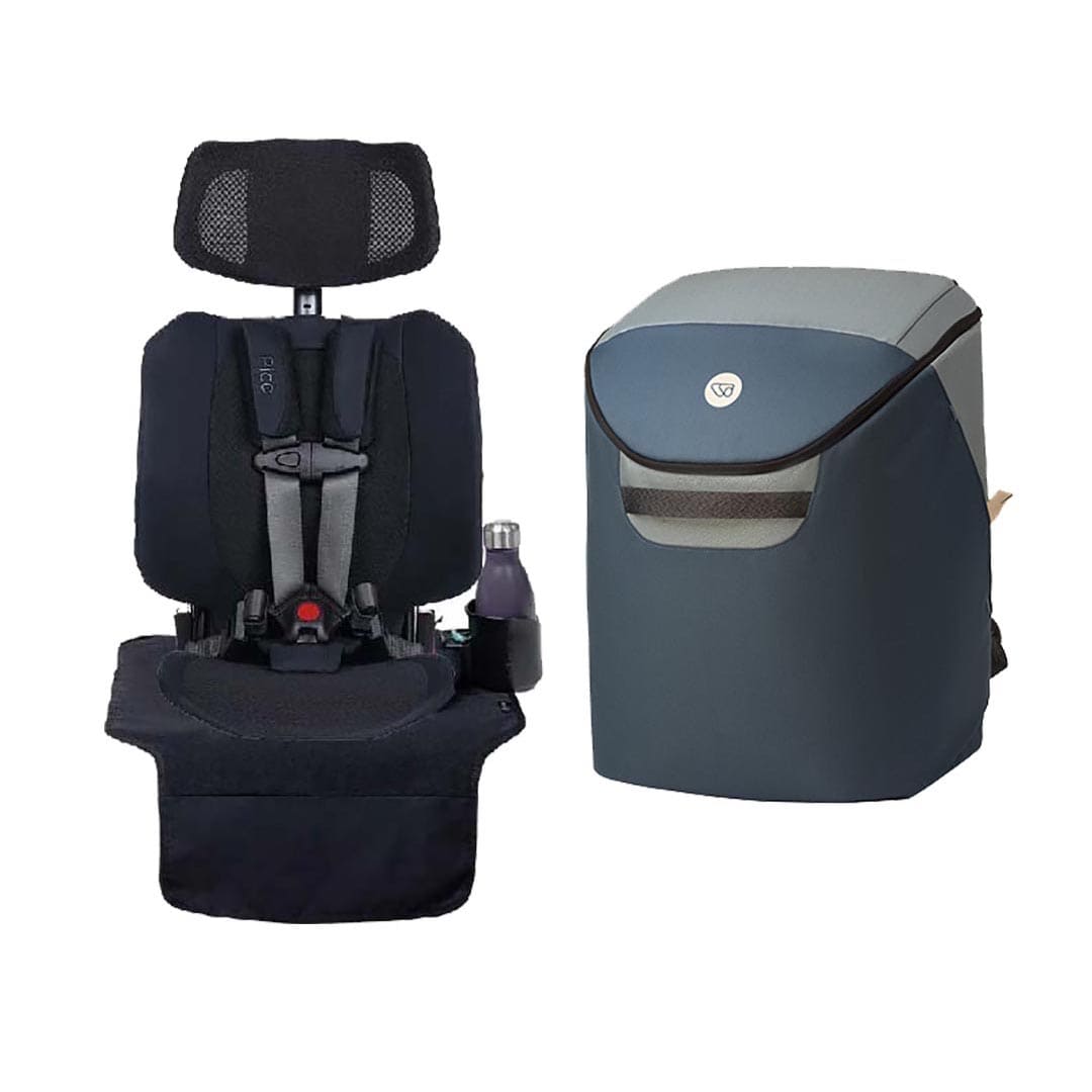 A baby car seat travel system accessory set on a white background, featuring a black infant car seat with a built-in bottle holder and a matching insulated cooler bag in dark blue-gray and gray.