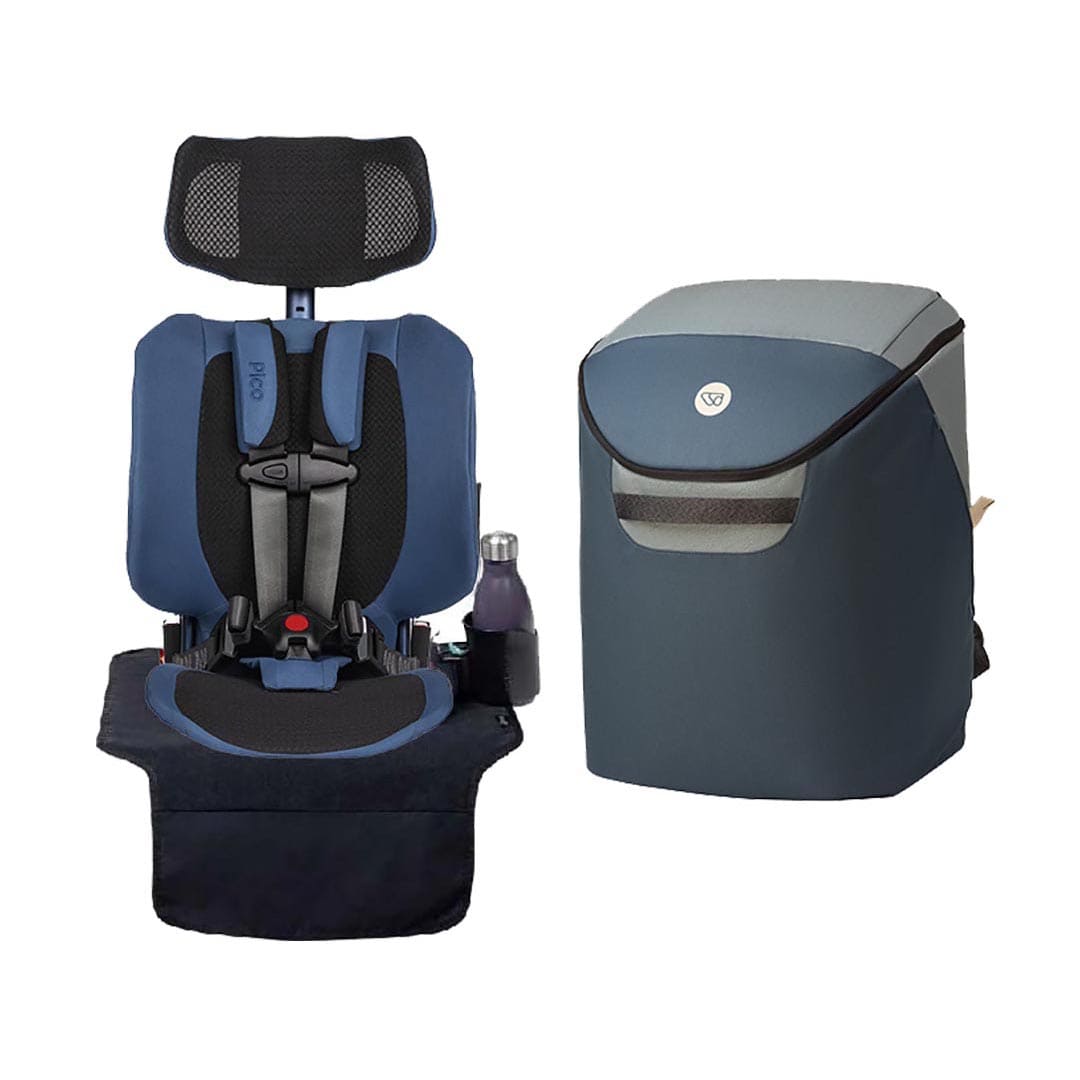 A blue and black car seat shown next to its matching storage bag on a plain white background. The bag has a gray top panel and a circular logo badge on the front.