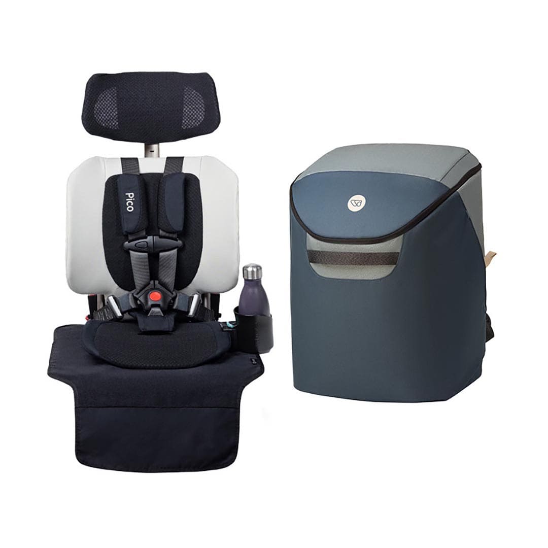 A baby car seat accessory set shown on a white background, featuring a black and white infant car seat with a black footmuff and bottle holder, alongside a matching dark blue-gray backpack carrier.