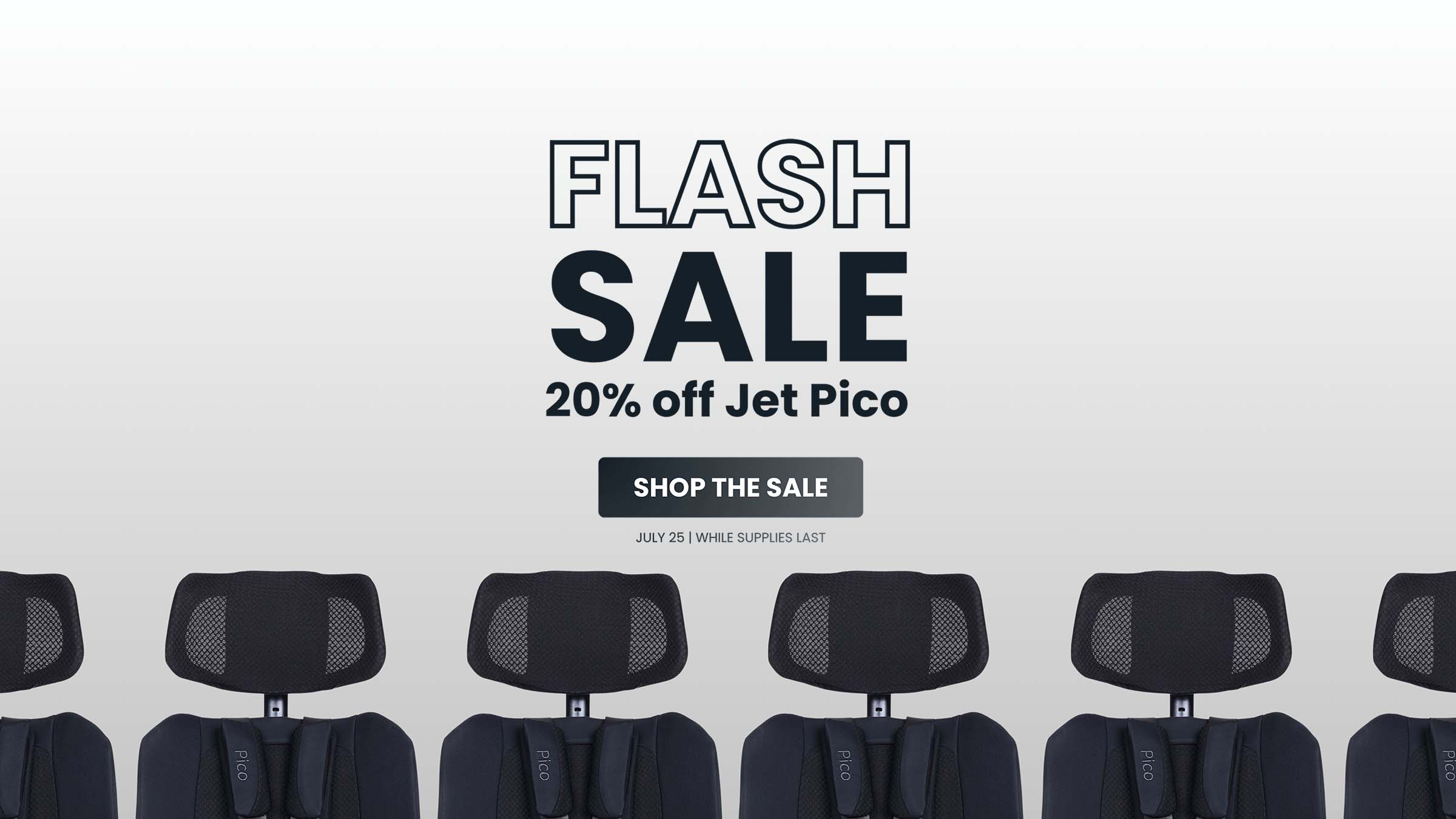 Promotional banner for a Jet Pico office chair sale, featuring a row of dark gray mesh office chairs at the bottom against a light gray gradient background with 'FLASH SALE 20% off Jet Pico' text.