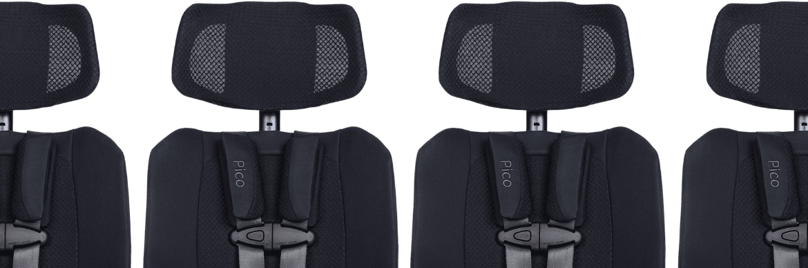 Four black car seat backrests with integrated headrests and harness straps, shown side by side against a solid green background.