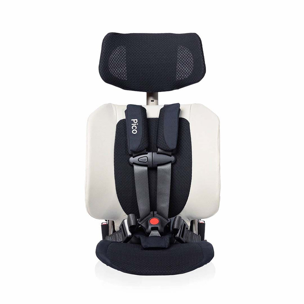 Child car seat with black and white design on a white background