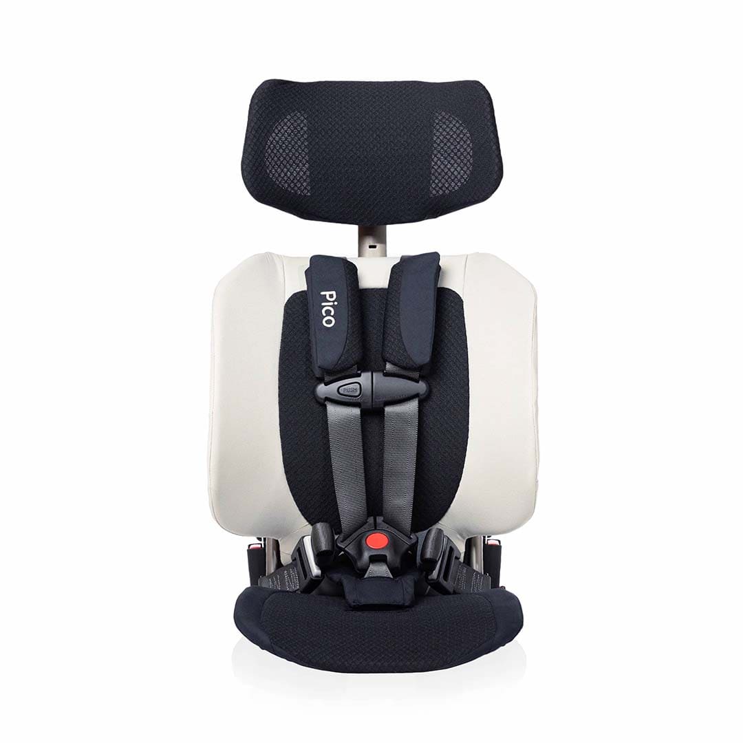 Child car seat with black and white design on a white background